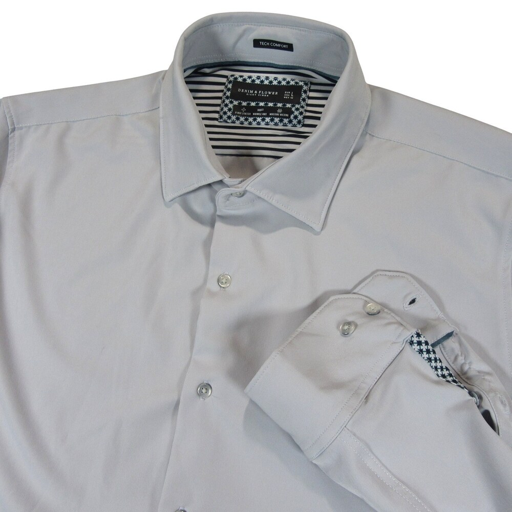 Denim & Flower Mens Button Down Tech Shirt L Light Gray Stretch Polyester
